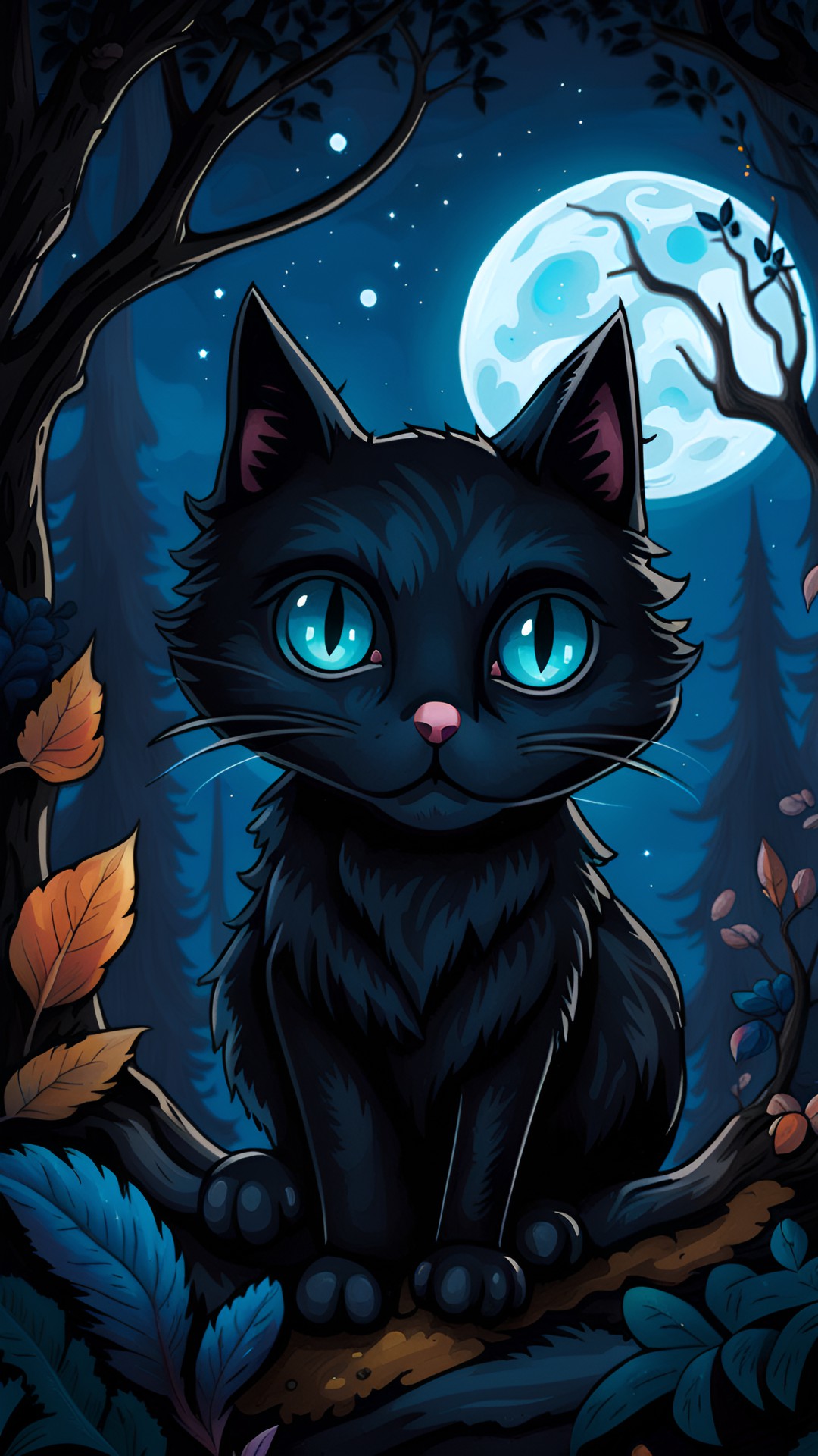 a cute black cat sticker, blue eyes, a cute witch, a full moon, a deep forest, and a mysterious image. it's night but it's bright. preview