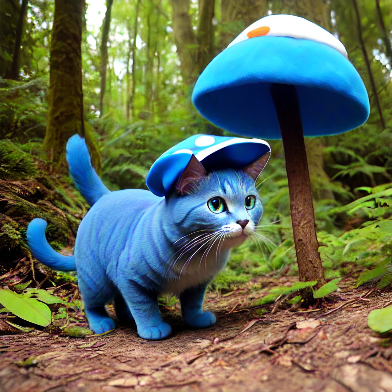 Dream pet - blue smurf cat in forest walking wearing a mushroom hat preview