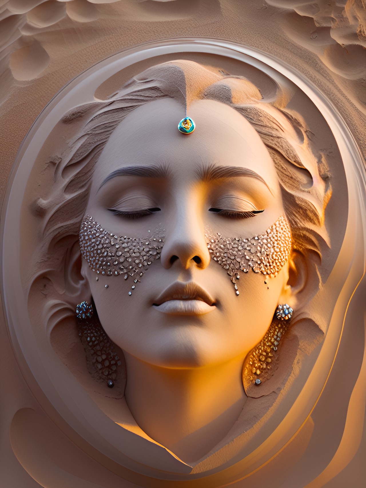 sand formation of a woman’s face - a sand formation of a woman's face, with her eyes closed and a serene expression. she looks like she's lost in thought, or deep in meditation. adorned with precious stones preview