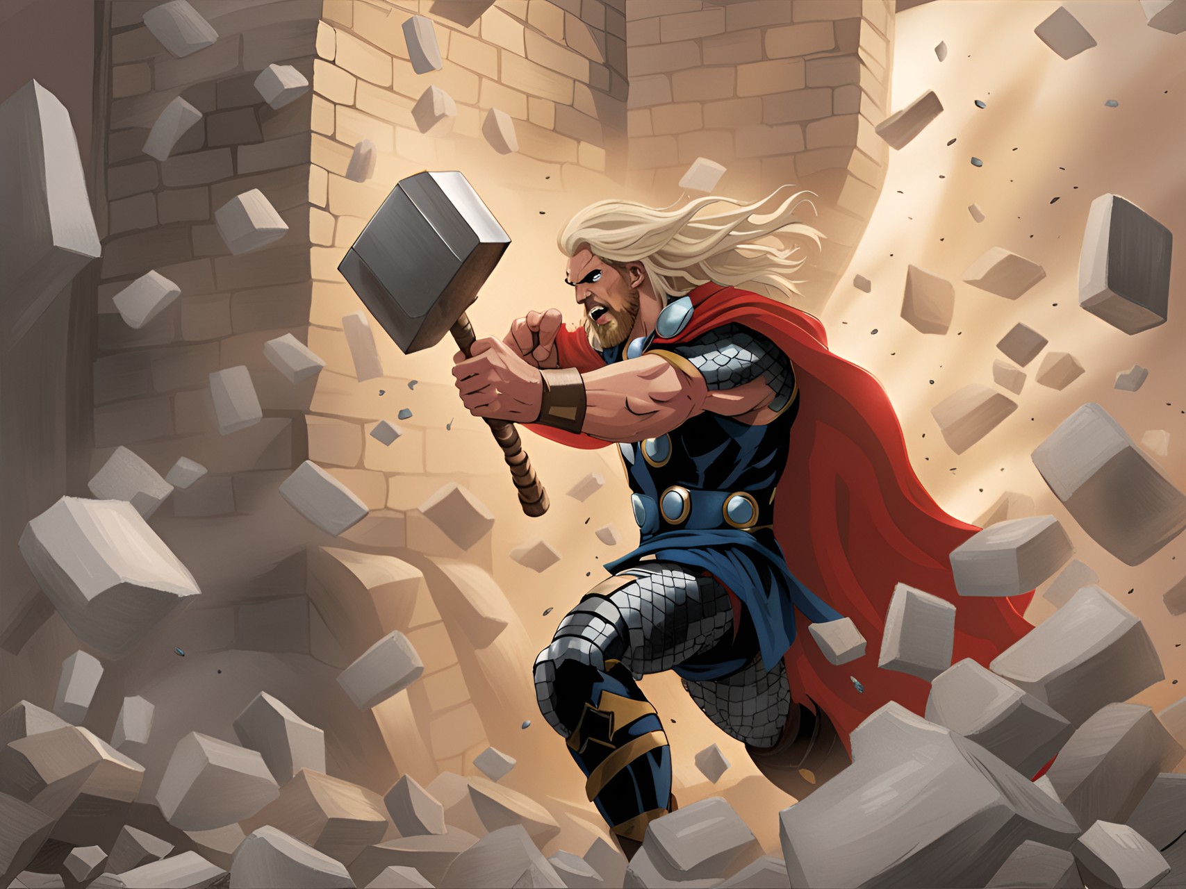 thor absolutely destroying wall trying to hammer in a mail for a portrait preview