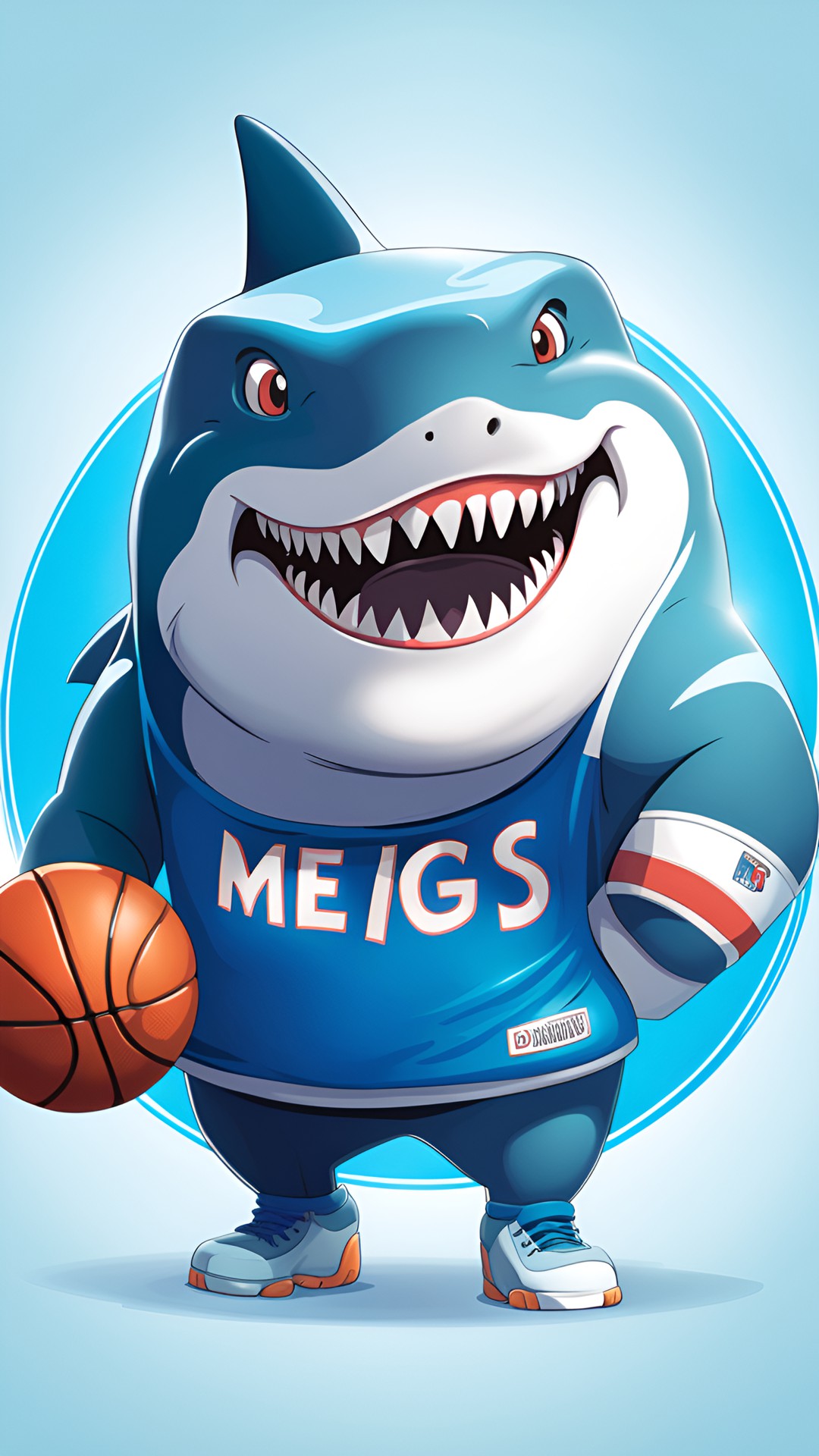 a very large shark with a basketball that says megs in very large letters circular logo preview