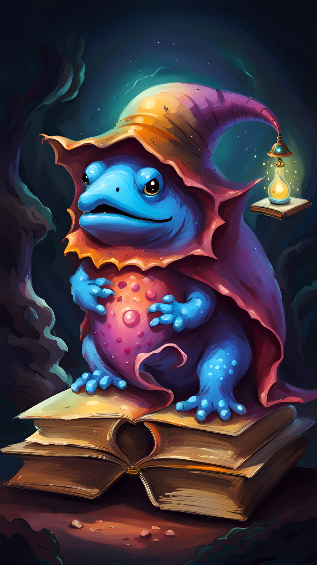 Book Frog Gnome - cute quaggan with a wizard hat, holding an ancient, worn, old book dragon preview