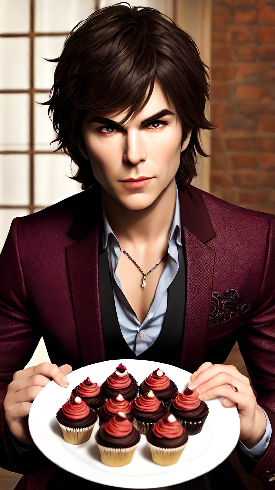 DamonSalvatore - ultra realistic, intricately detailed, damon salvatore the vampire from the vampire diaries is eating realistic, intricately detailed, bloody cupcakes preview