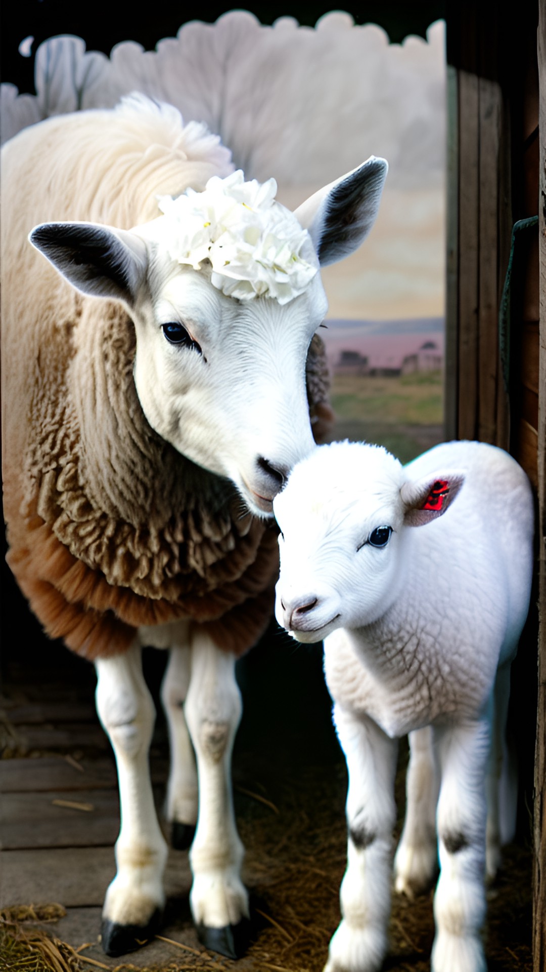 Lamb 5 - ewe with her lamb standing in the barn looking out preview