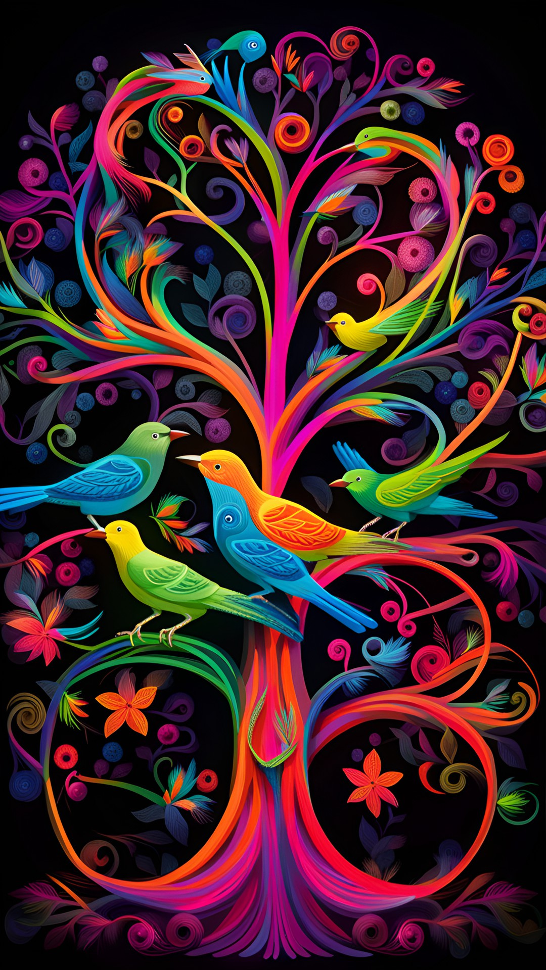 Birds of the Rainbow - tree of life neon birds flourishing preview