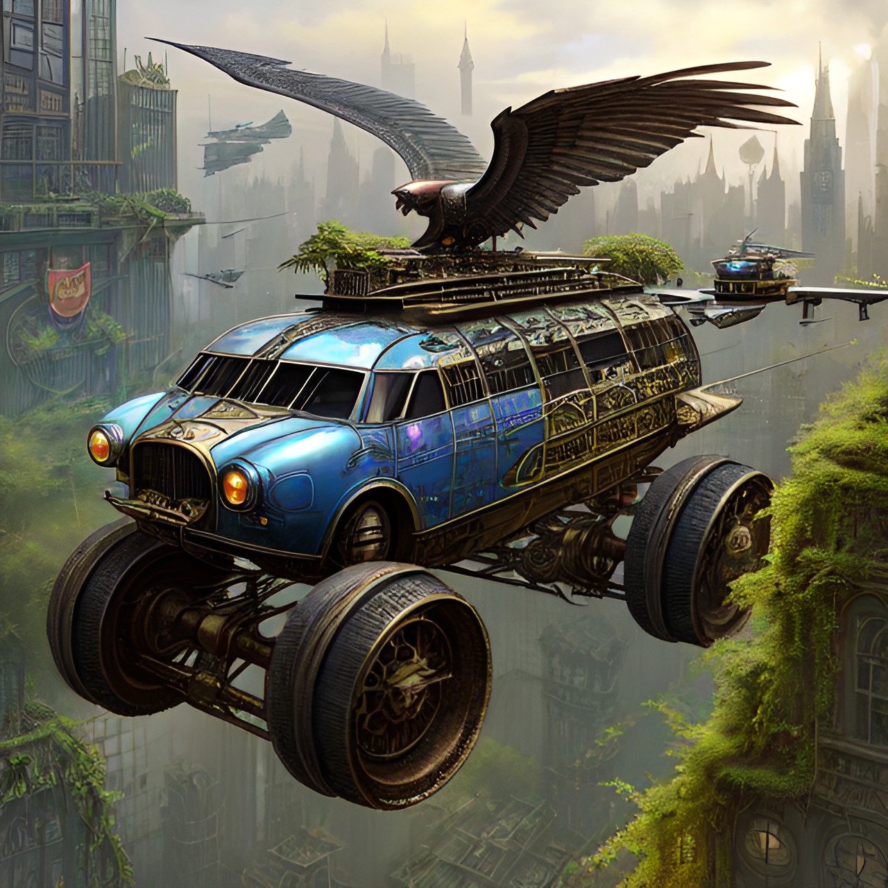 The Car Wants to Fly - overgrown city, flying car with wings preview