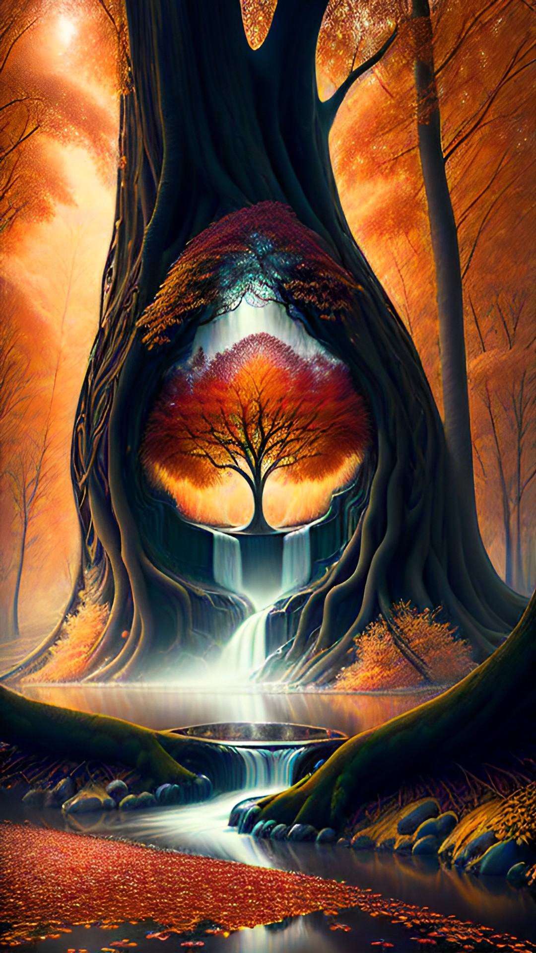 Heart of the Tree - water fall in giant tree of life autumn preview