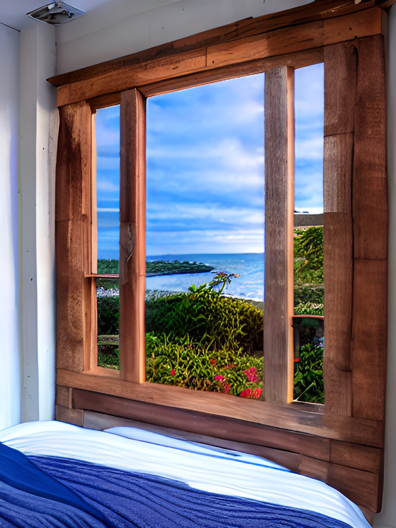 ocean view from a  bedroom with  a rustic cottage window with a sunset preview