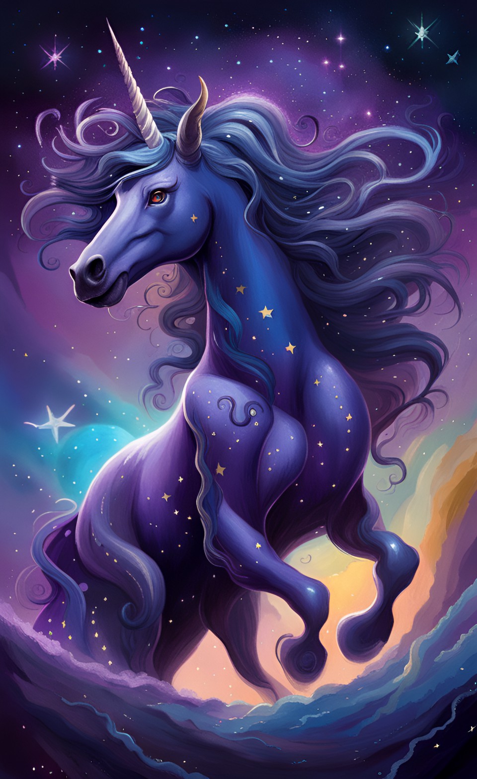 dark purple unicorn covered in the swirling stars of a galaxy, long curly blue hair preview