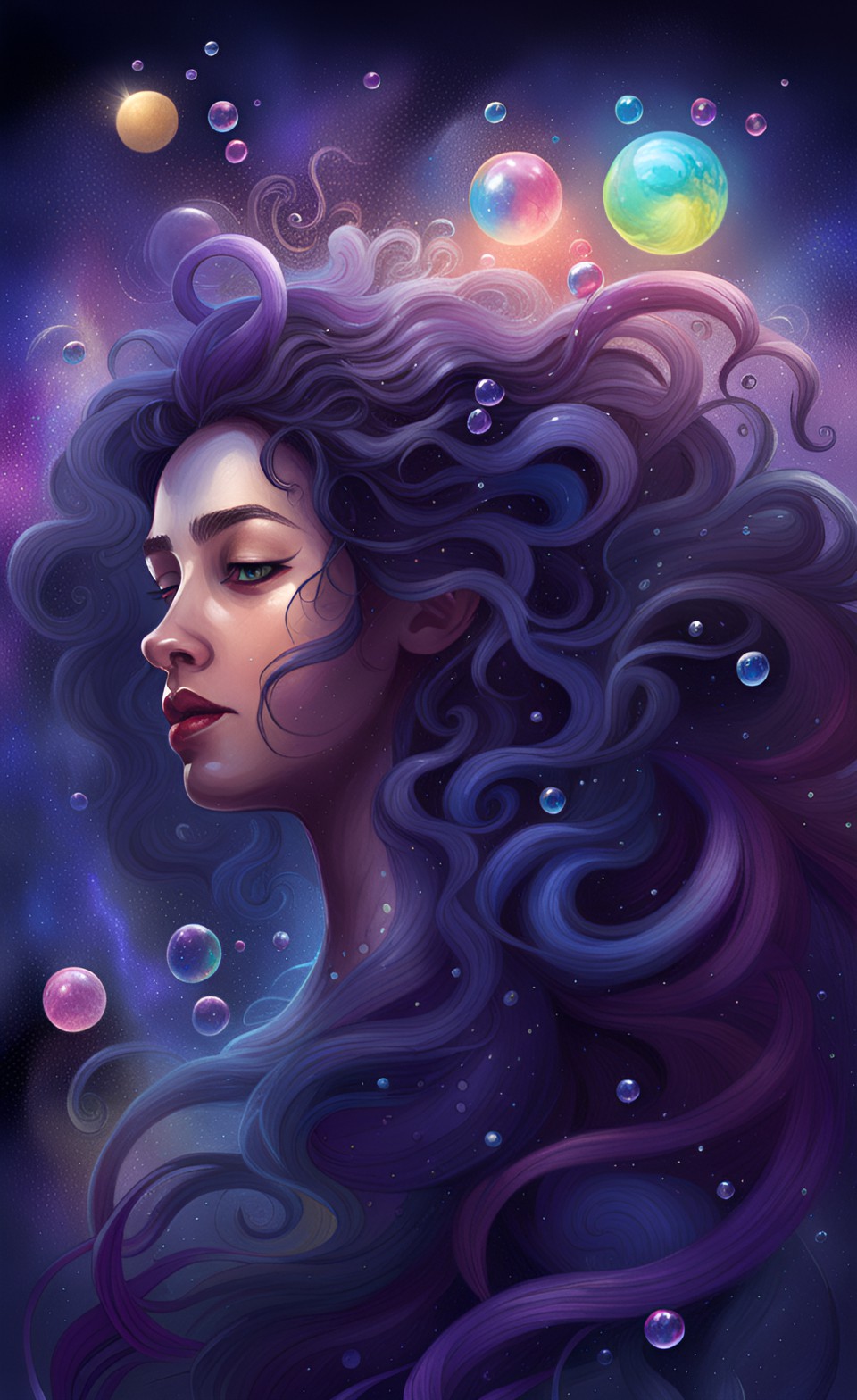 dark purple unicorn covered in the swirling stars of a galaxy, long curly blue hair, ethereal moment, fantasy art, dignified, enveloped in rainbow-colored bubbles, iridescence,  realism and fantasy, 8k illustration preview