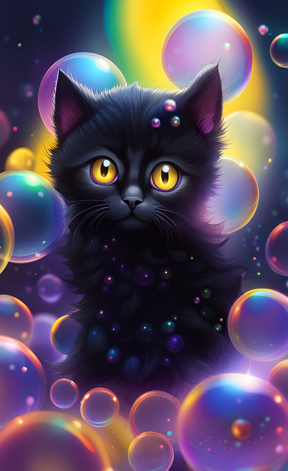 adorable black kitten with huge cute yellow and purple eyes, ethereal moment, fantasy art, dignified, enveloped in rainbow-colored bubbles, iridescence,  realism and fantasy, 8k illustration preview