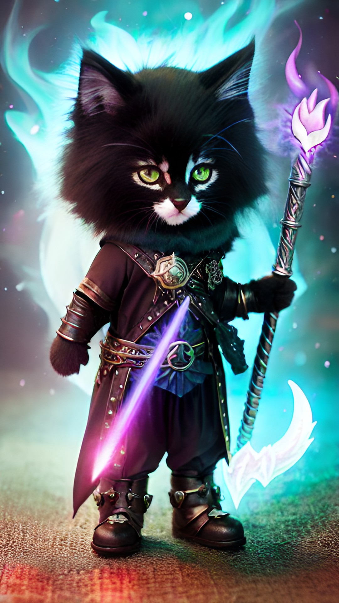 super cute fluffy kitten necromancer. magic wand, casting fire spell, epic, fantasy, dnd preview