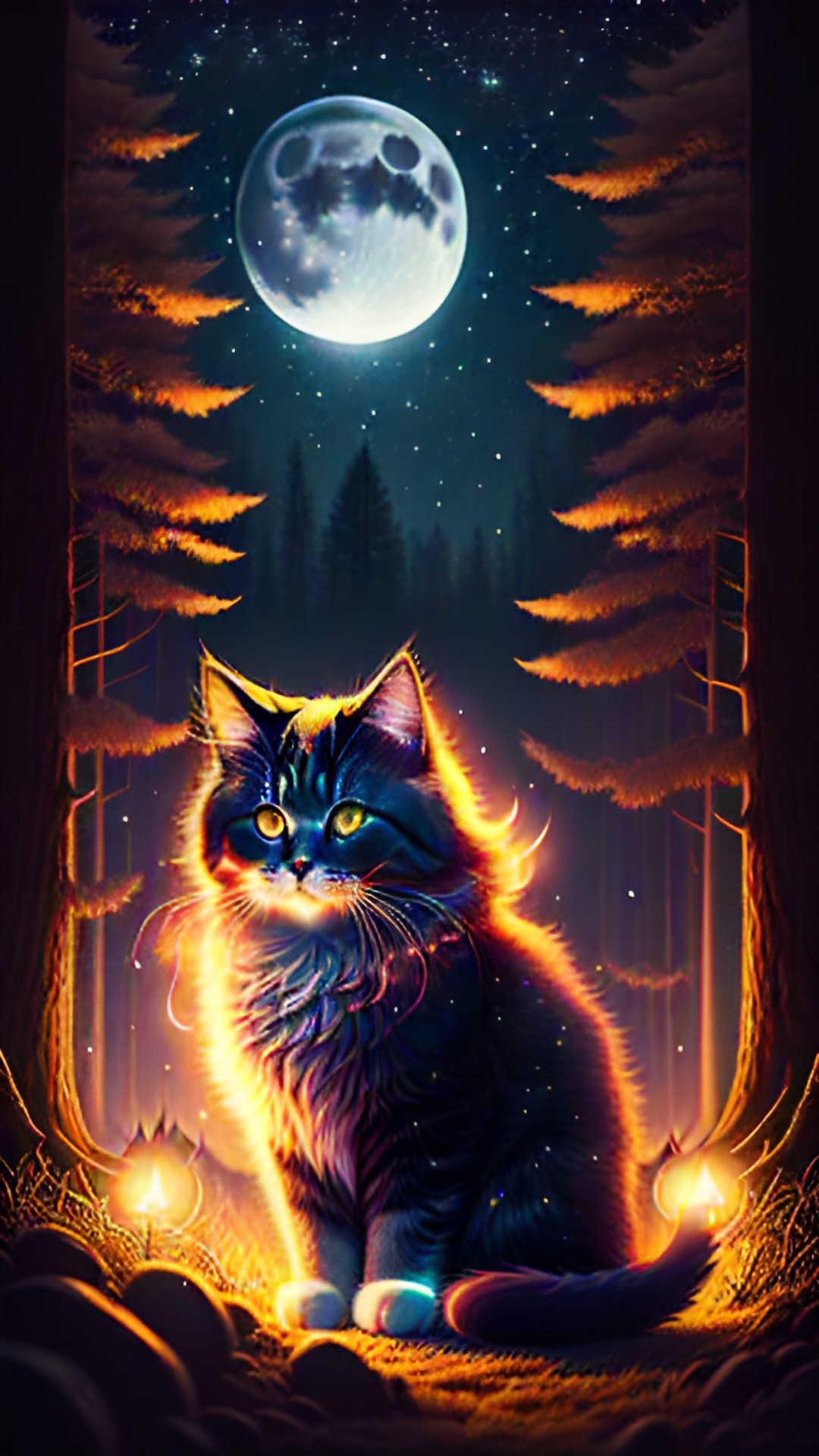 super cute, fluffy cat, necromancer, casting a fireball, forest in background, moon lit night preview