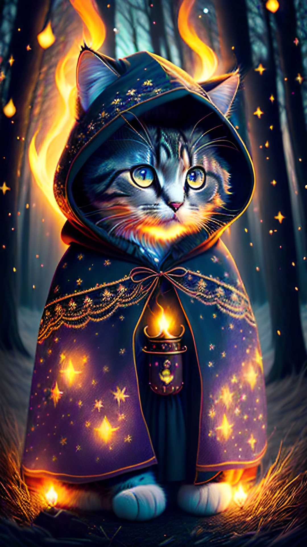 super cute, fluffy animorphic cat, wearing medival  necromancer cloak with hood, casting a fireball, forest in background, moon lit night preview