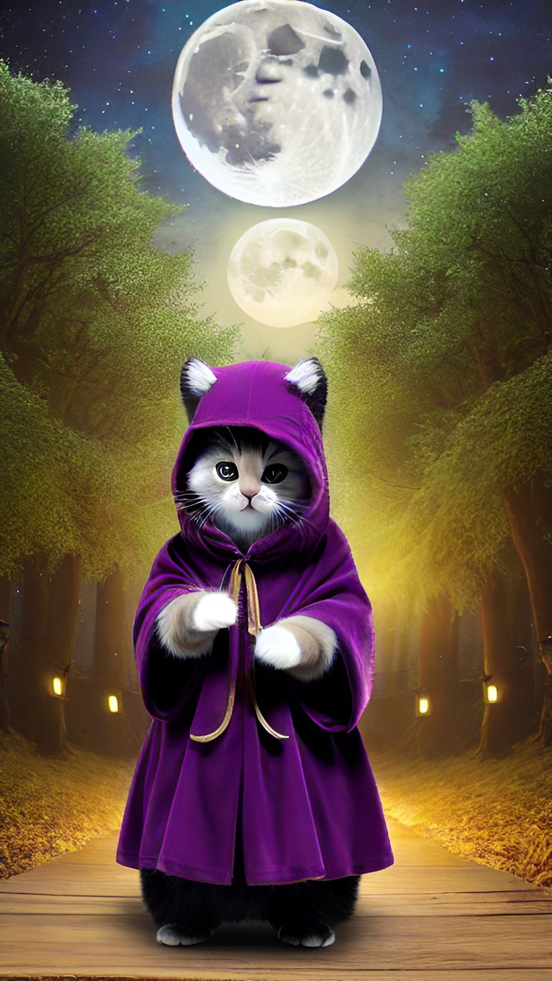 super cute, fluffy animorphic cat, wearing medival  necromancer cloak with hood, casting a fireball, forest in background, moon lit night preview