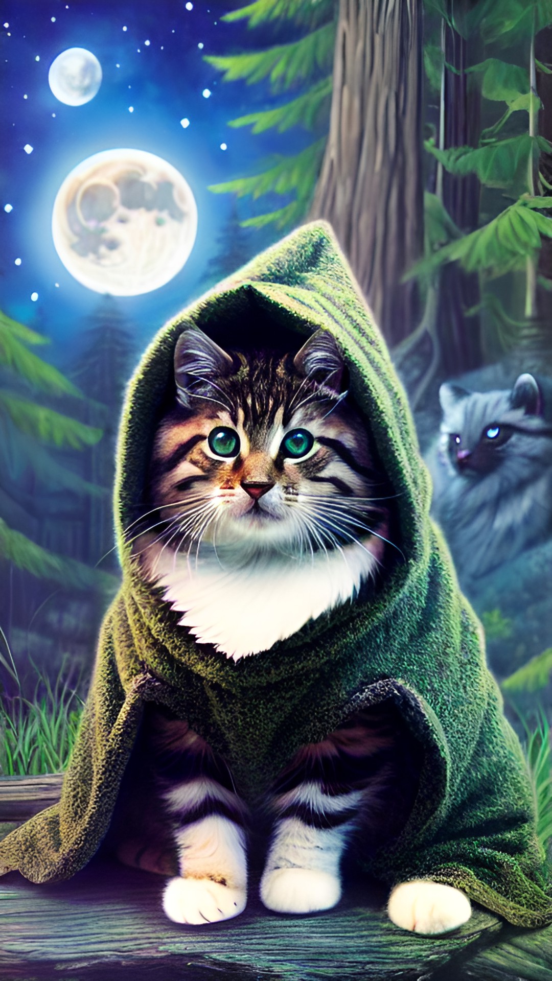 super cute, fluffy animorphic cat, wearing medival  necromancer cloak with hood, forest in background, moon lit night, surrounded by unread cats preview