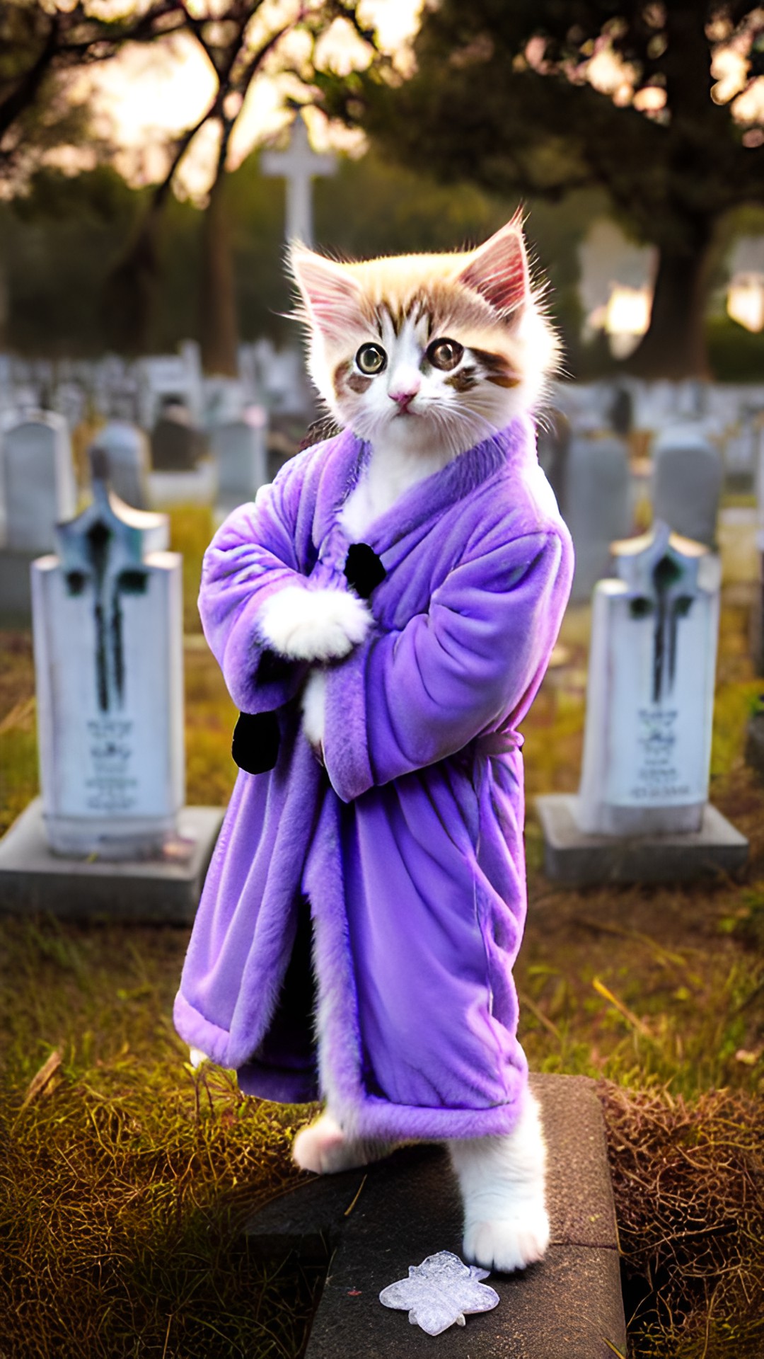 super cute fluffy anamorphic kitten wearing necromancer robe. magic wand, casting purple flames in a cemetery, epic, fantasy, dnd preview