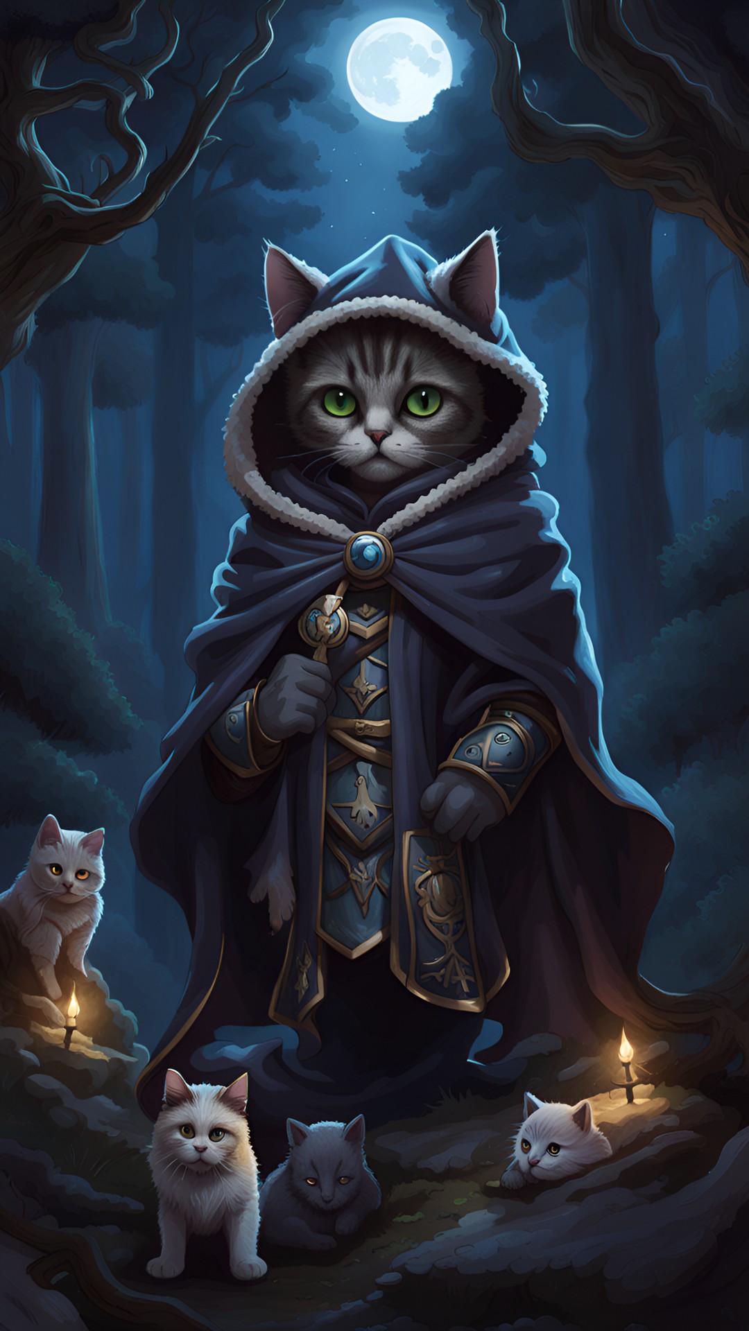 super cute, fluffy animorphic cat, wearing medival  necromancer cloak with hood, forest in background, moon lit night, surrounded by unread cats preview