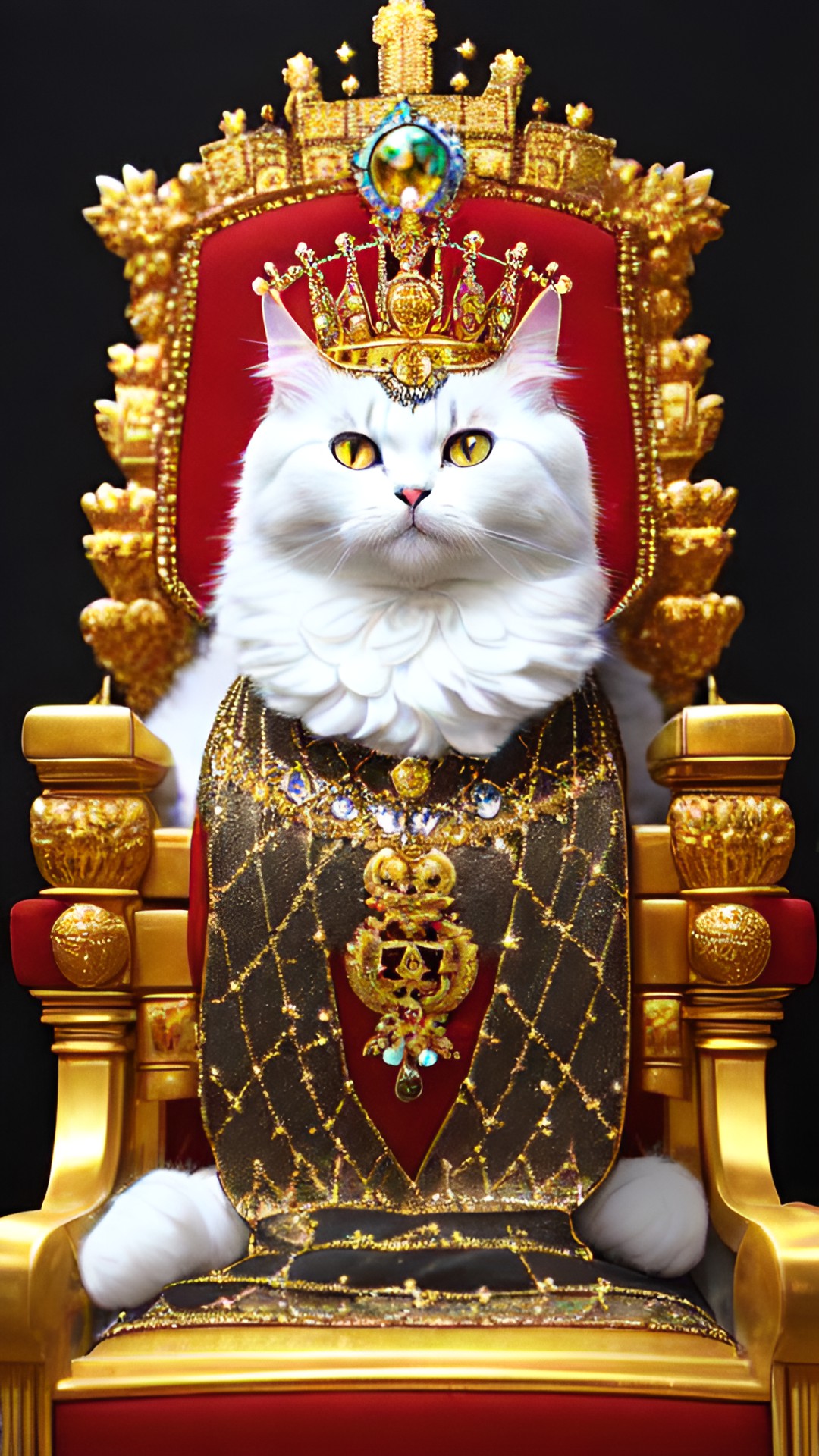 king cat - fluffy cat in a golden jewelled crown sitting on a golden jewelled throne preview