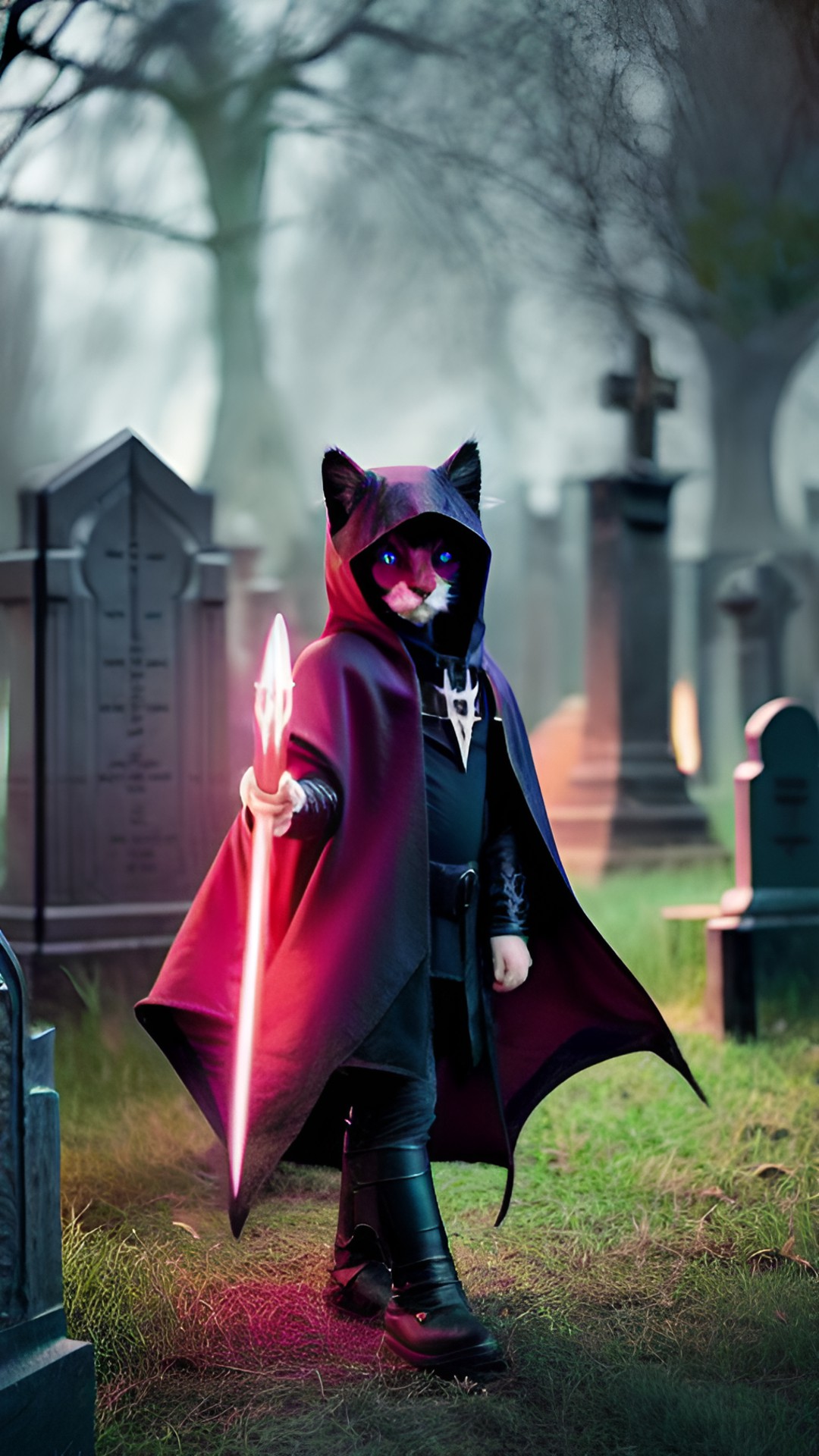 super cute fluffy anamorphic kitten wearing necromancer cloak, hood, red glowing eyes. magic wand, casting lightning in a cemetery at night, epic, fantasy, dnd preview