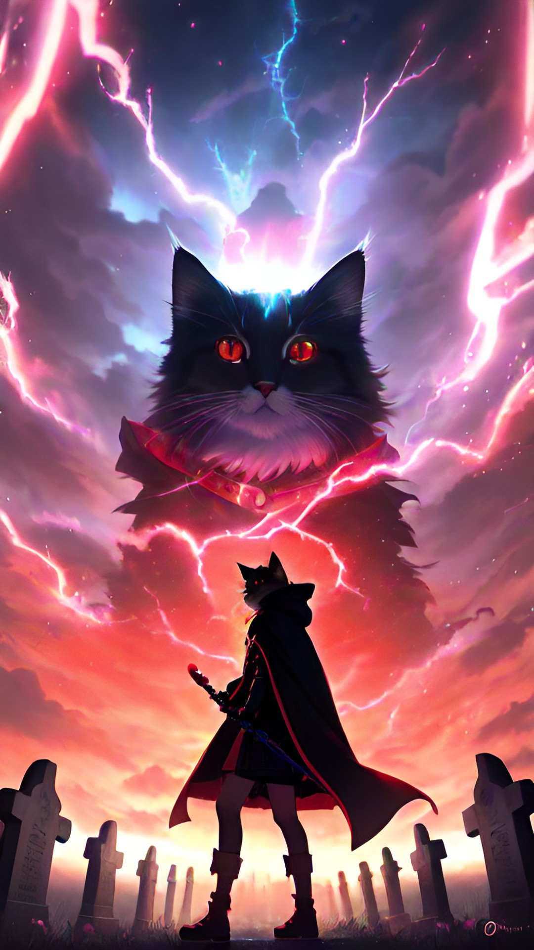 super cute fluffy anamorphic kitten wearing necromancer cloak, hood, red glowing eyes. magic wand, casting lightning in a cemetery at night, epic, fantasy, dnd preview