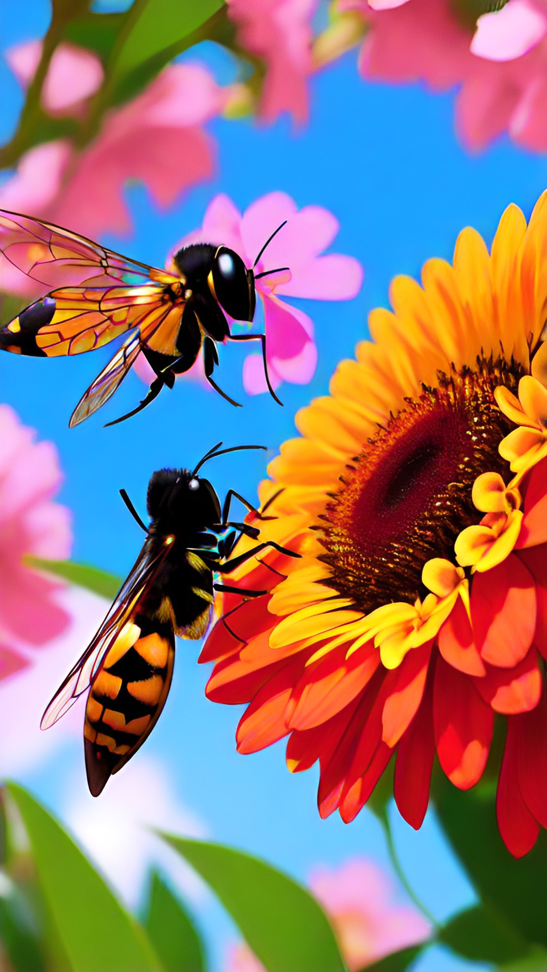 bumble bees 🍄🐝 - surrral colourful picture of a bright wasp sitting on a colourful flower preview