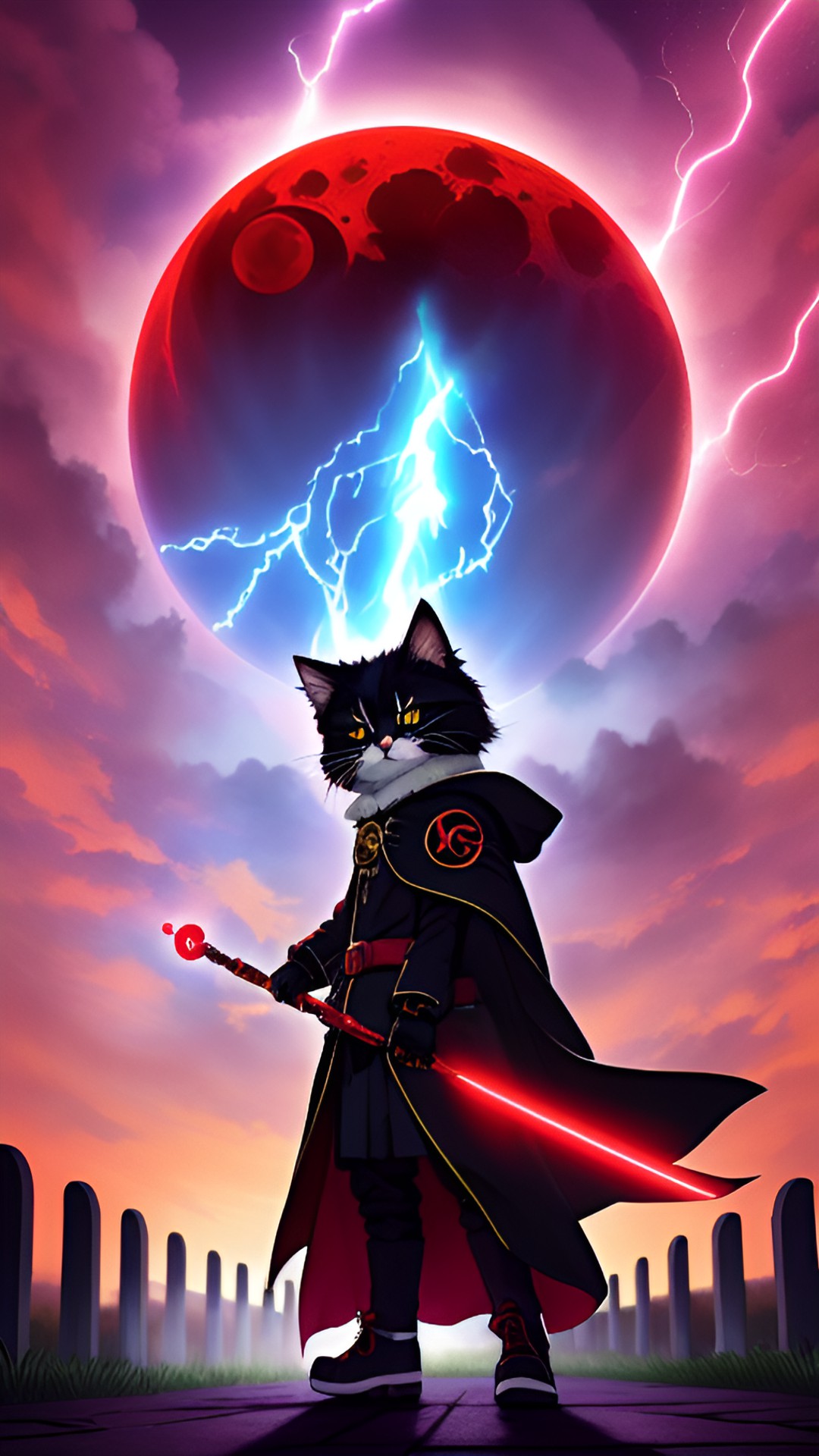 super cute fluffy anamorphic kitten wearing necromancer cloak, hood, red glowing eyes. magic wand, casting lightning in a cemetery at night, crescent blood moon in background, epic, fantasy, dnd preview