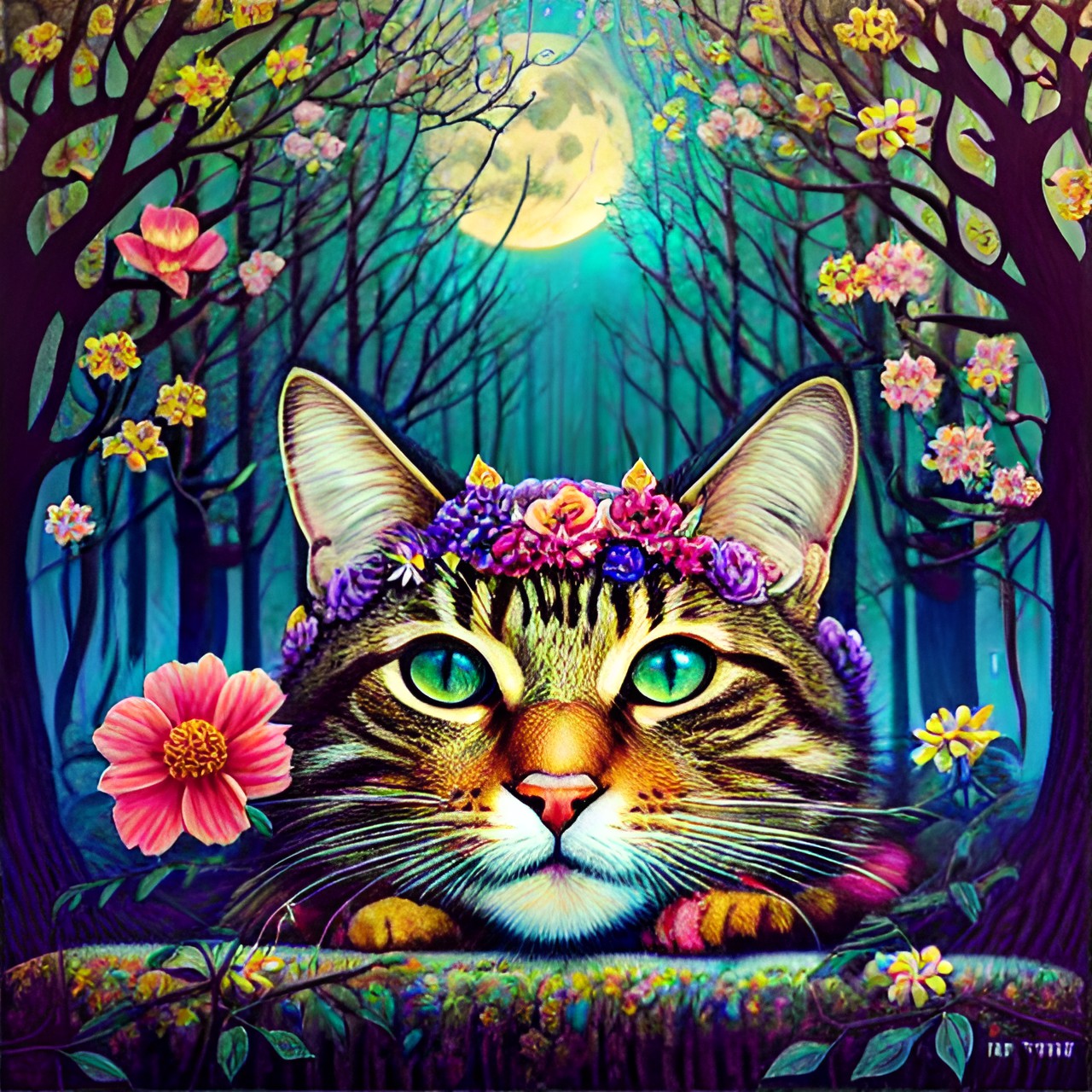 cat flower crown full moon forest preview