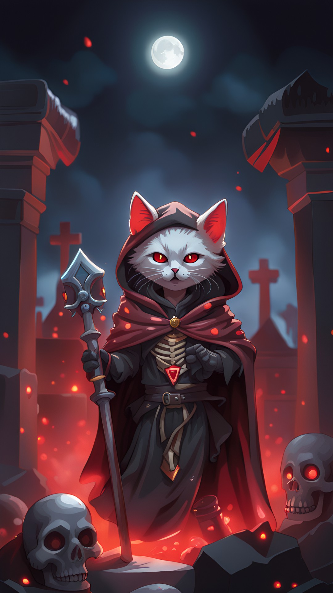 cute fluffy anamorphic kitten wearing necromancer cloak, hood, in a cemetery at night, skeleton cats rising from the graves, red glowing eyes, blood moon in background, epic, fantasy, dnd preview