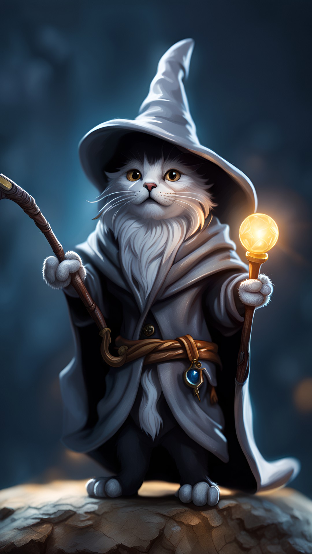 wizard cat, gray cloak, magic staff, pointy hat, long beard preview