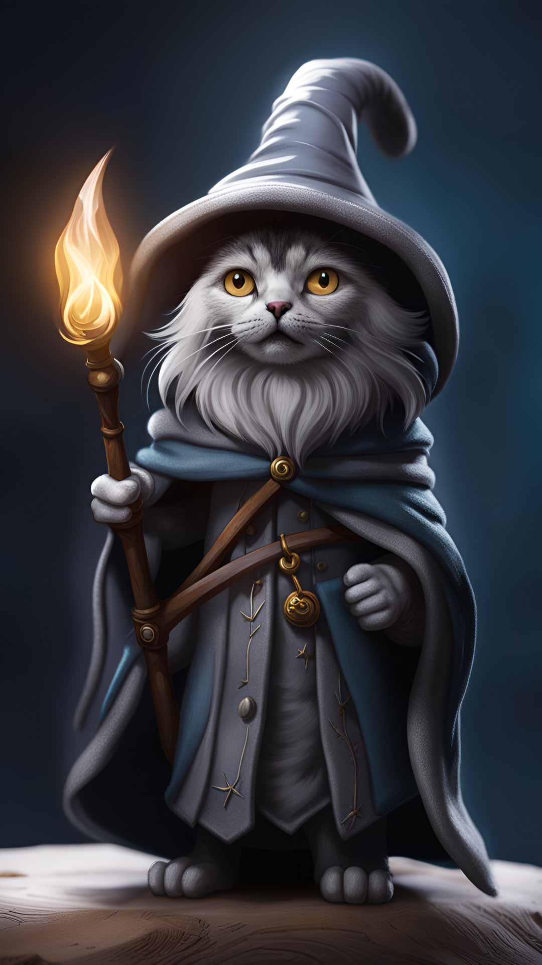 wizard cat, gray cloak, magic staff, pointy hat, long beard preview