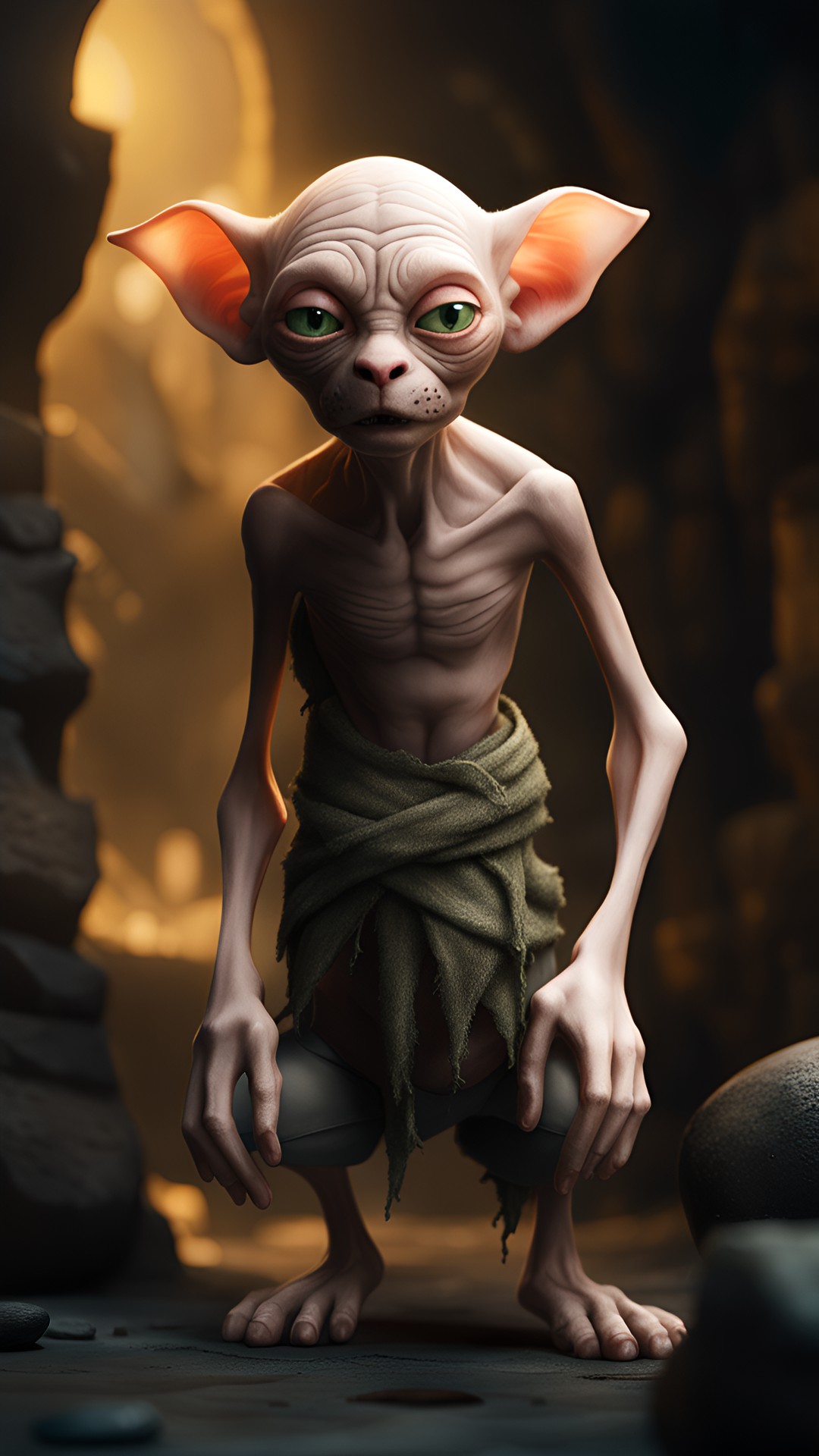 an aged ugly hairless cat that looks like gollum in a dungeon, no shirt,tattered pants, fantasy, lord of the rings. preview