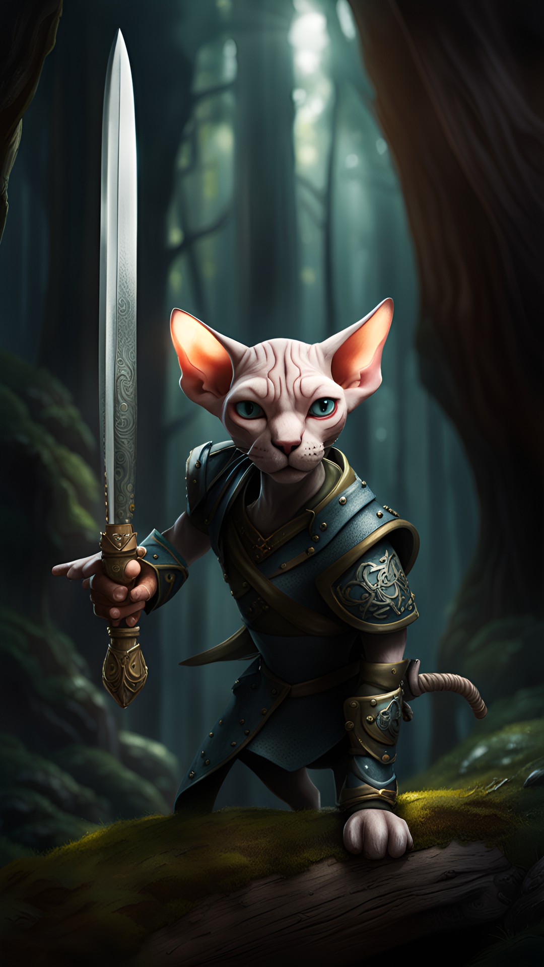 an aged ugly hairless sphynx cat that looks like ranger aragorn fighting an orc cat in fangorn forest, sword in hand, fantasy, lord of the rings. preview