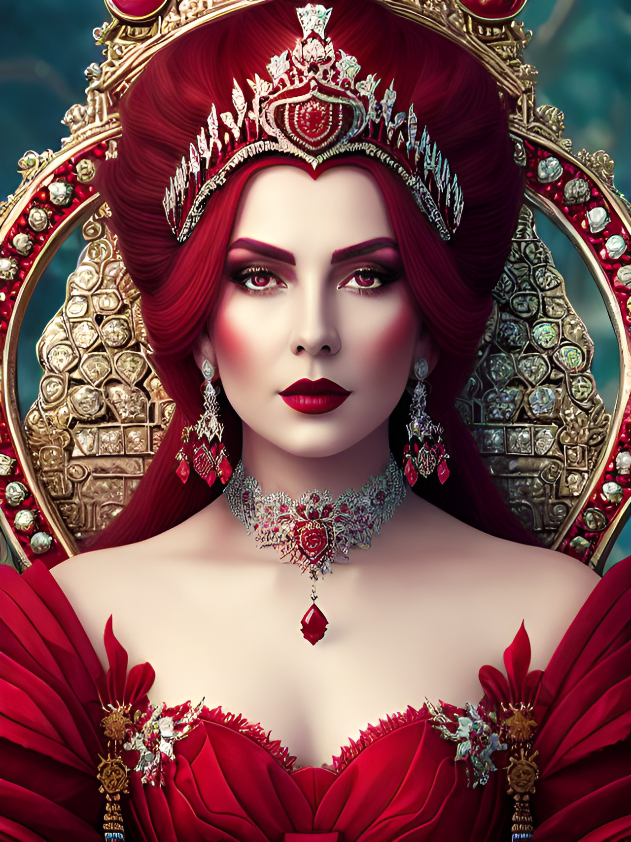 red queen - mistress of rubies and precious stones" - red queen - mistress of rubies and precious stones, looking down at her subjects with a haughty expression, seated on a throne made of rubies." preview