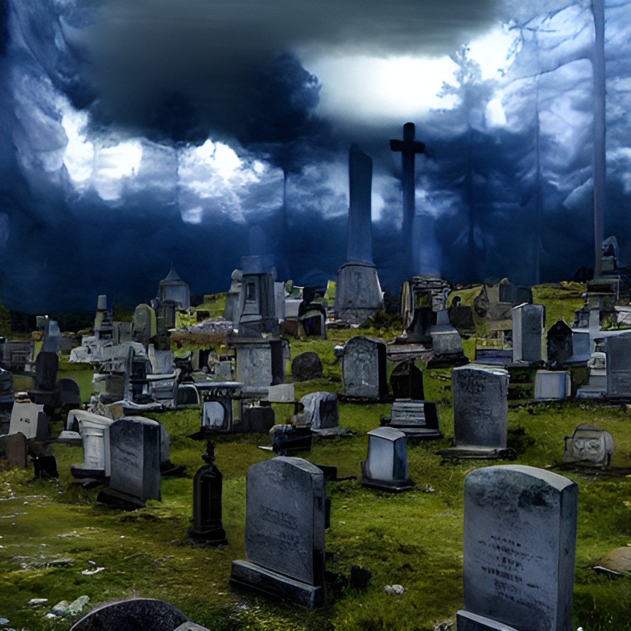 graveyard at dusk, with old tombstones and pine trees preview