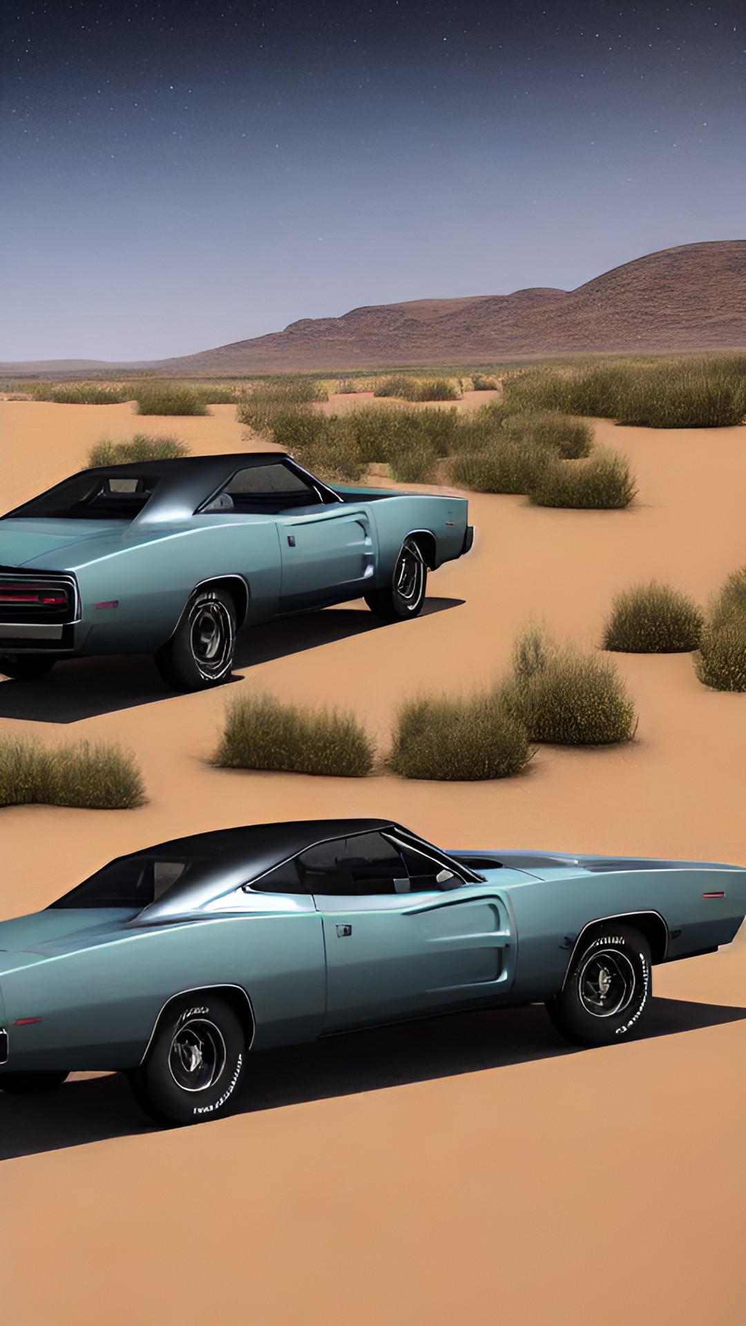 Charger 80’s - dodge charger 1980 on dunes in the night and a comet on back  - dodge charger 1980 on dunes in the night and a comet on back. the charger is a sleek, black car and the comet is a bright, white blue light. preview