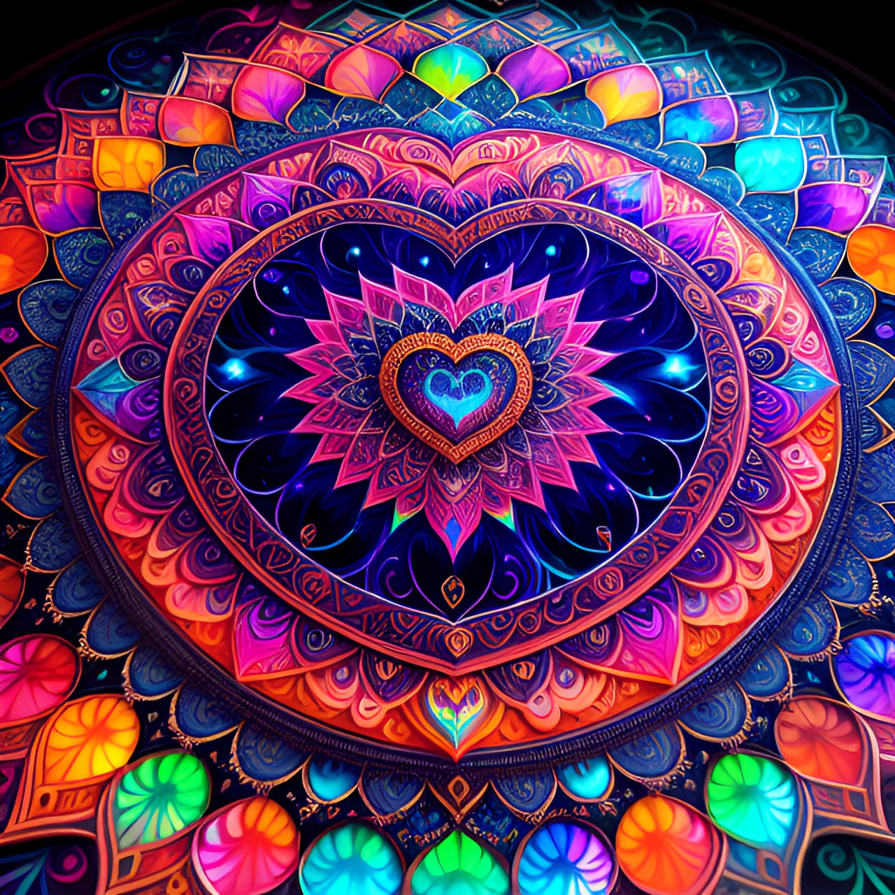 highly detailed, vivid colors, buddhist mandala, heart shaped mandala, neon, colorful, dark, shiny, symmetrical, crescent moon background preview