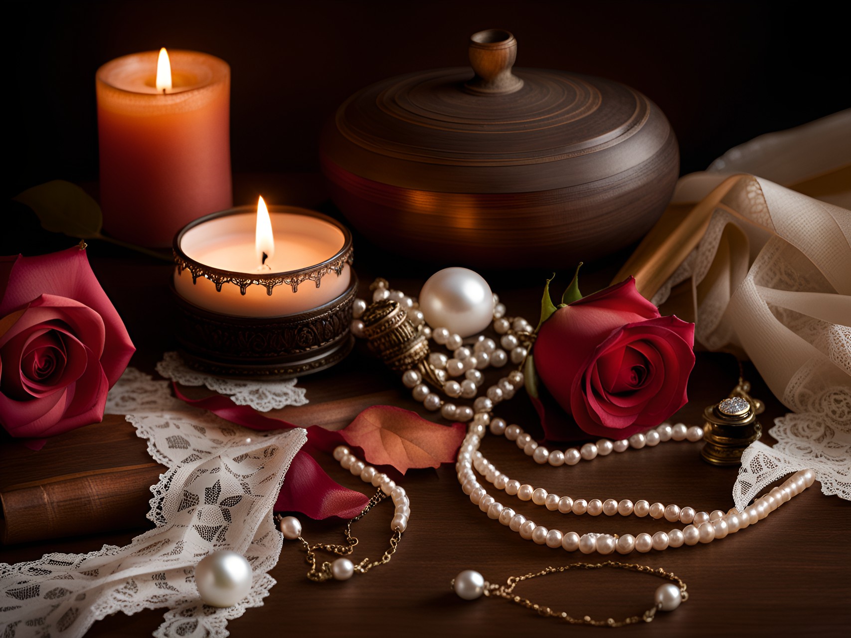 ribbons, lace, pearls, and jewels scattered. diary, pen, rose, candle. still life, things left behind. autumn arrives. preview