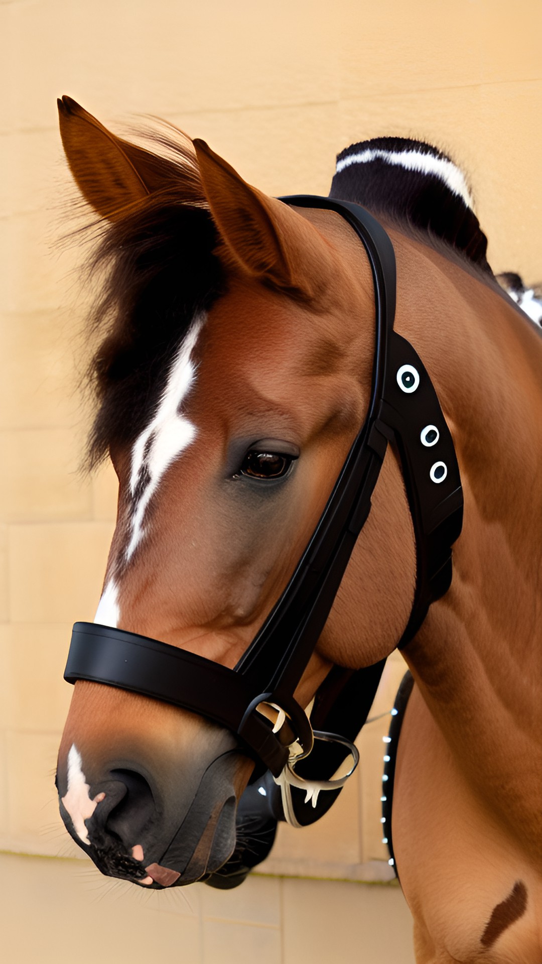 real brown horse with black mane and white spots on the nose and forehead preview