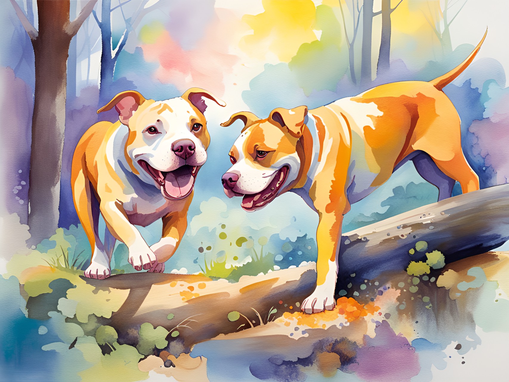 cute happy ginger pitbulls playing in the woods preview