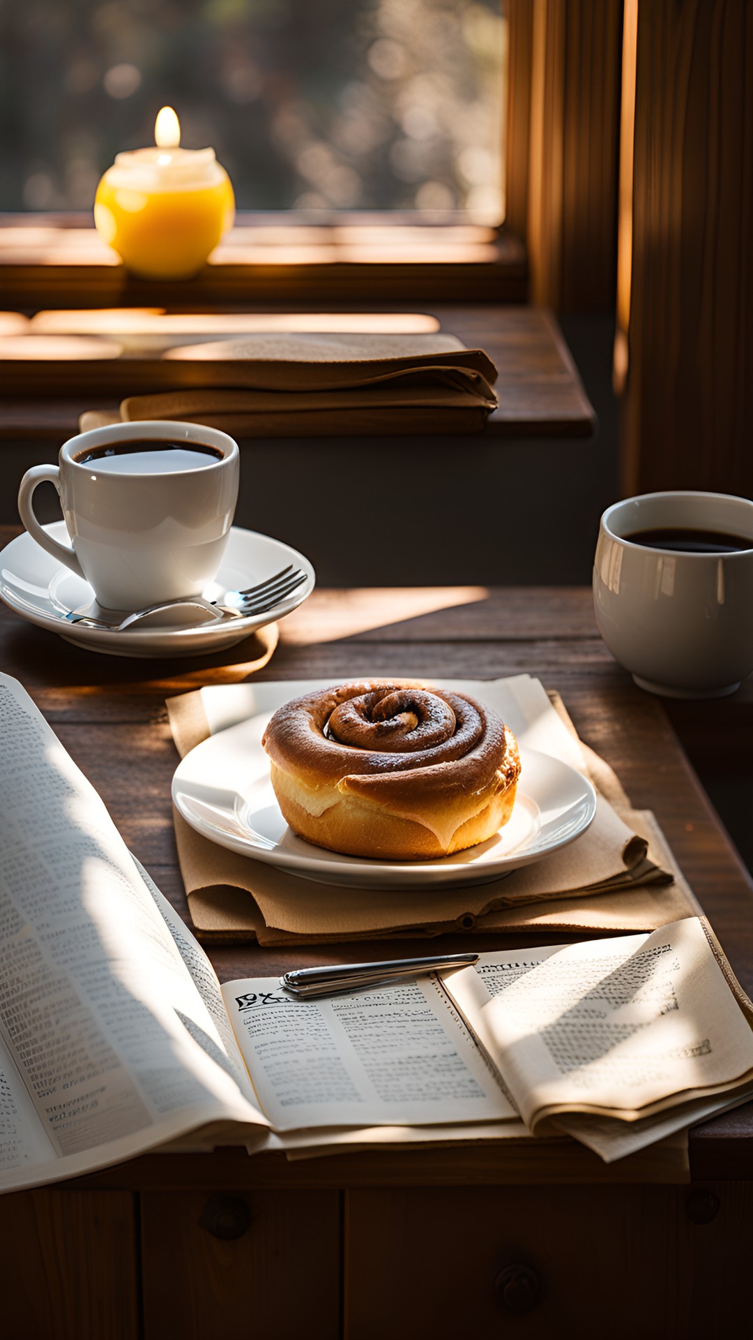 still life, mug of coffee, a cinnamon roll on a fancy dessert plate, and a newspaper on rustic table, morning light through window preview