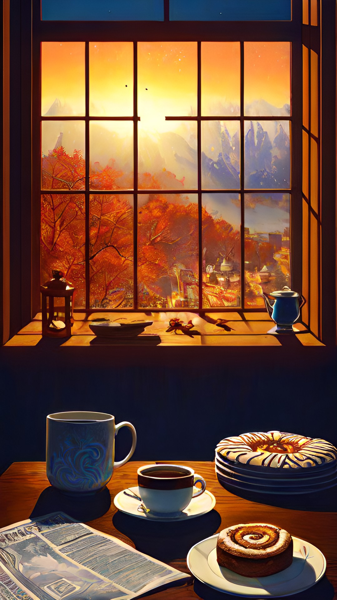 still life, mug of coffee, a cinnamon roll on a fancy dessert plate, and a newspaper on rustic table, morning light through window preview