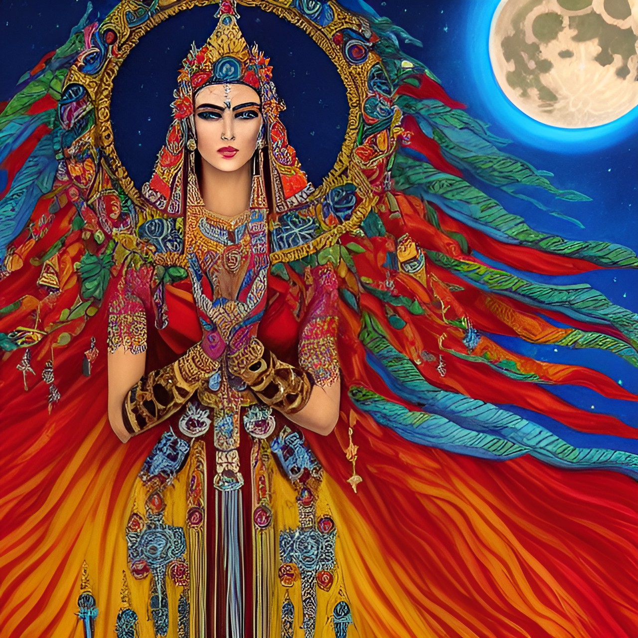 in the soft glow of the moonlight, a priestess of the moon stands amidst ancient ruins, her face is serene and she has large, dark eyes. her ethereal robe floats around her, adorned with shimmering lunar symbols. her hands gracefully hold a celestial staff emitting a gentle glow. preview