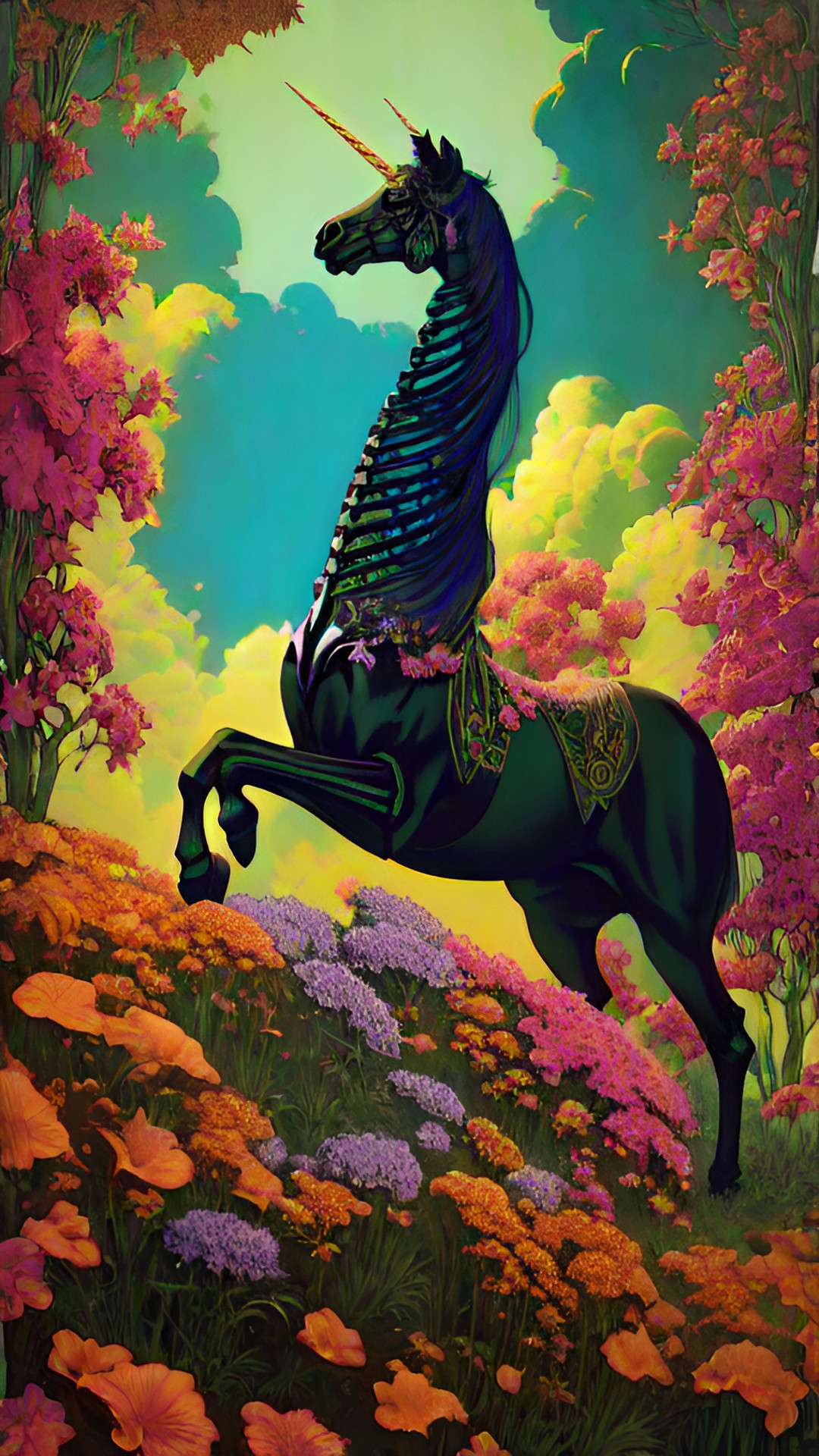 long neck. - unicorn skeleton in the middle of green flora by maxfield parrish preview