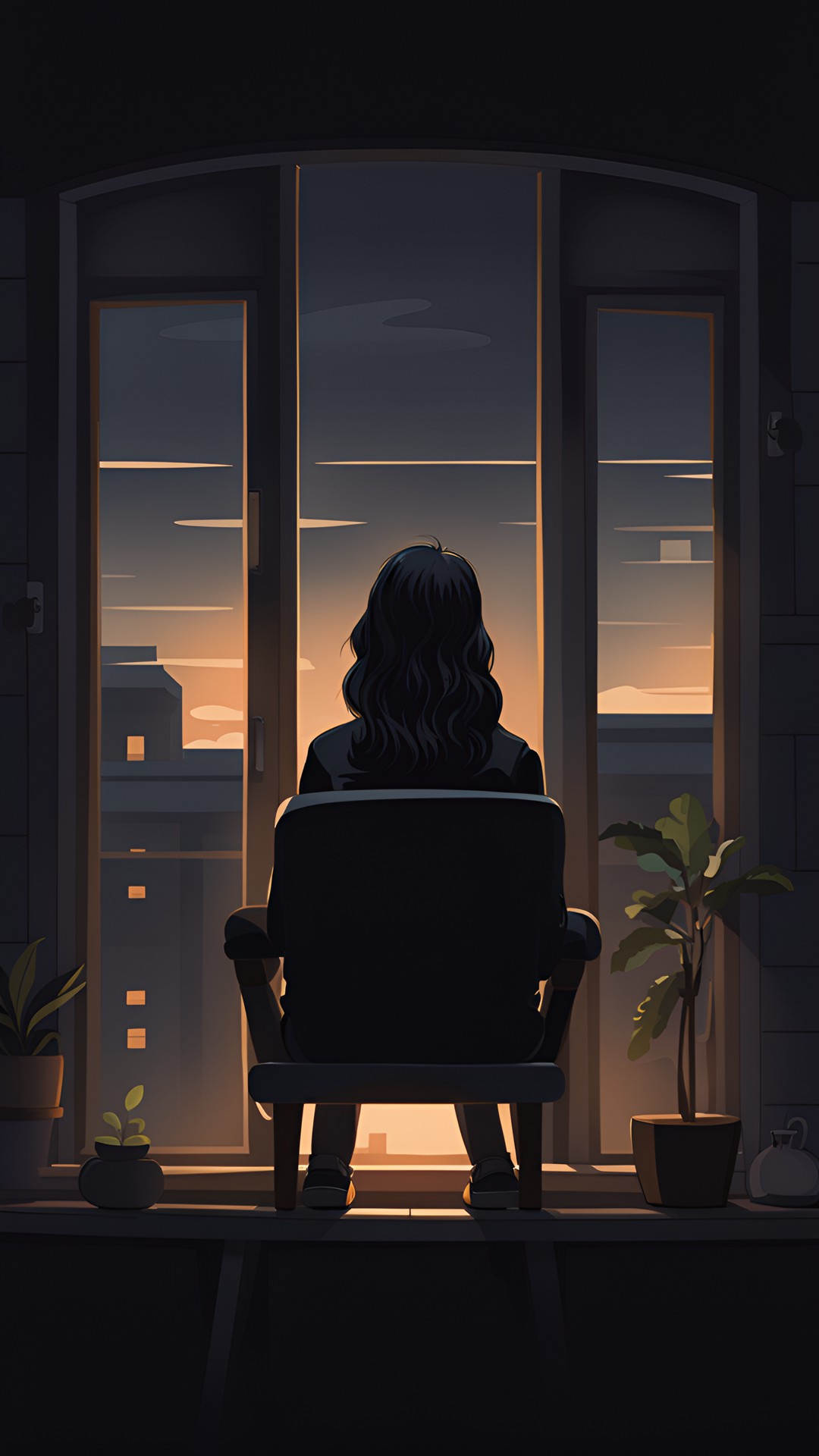 women sitting in a chair wearing all black looking out a window preview