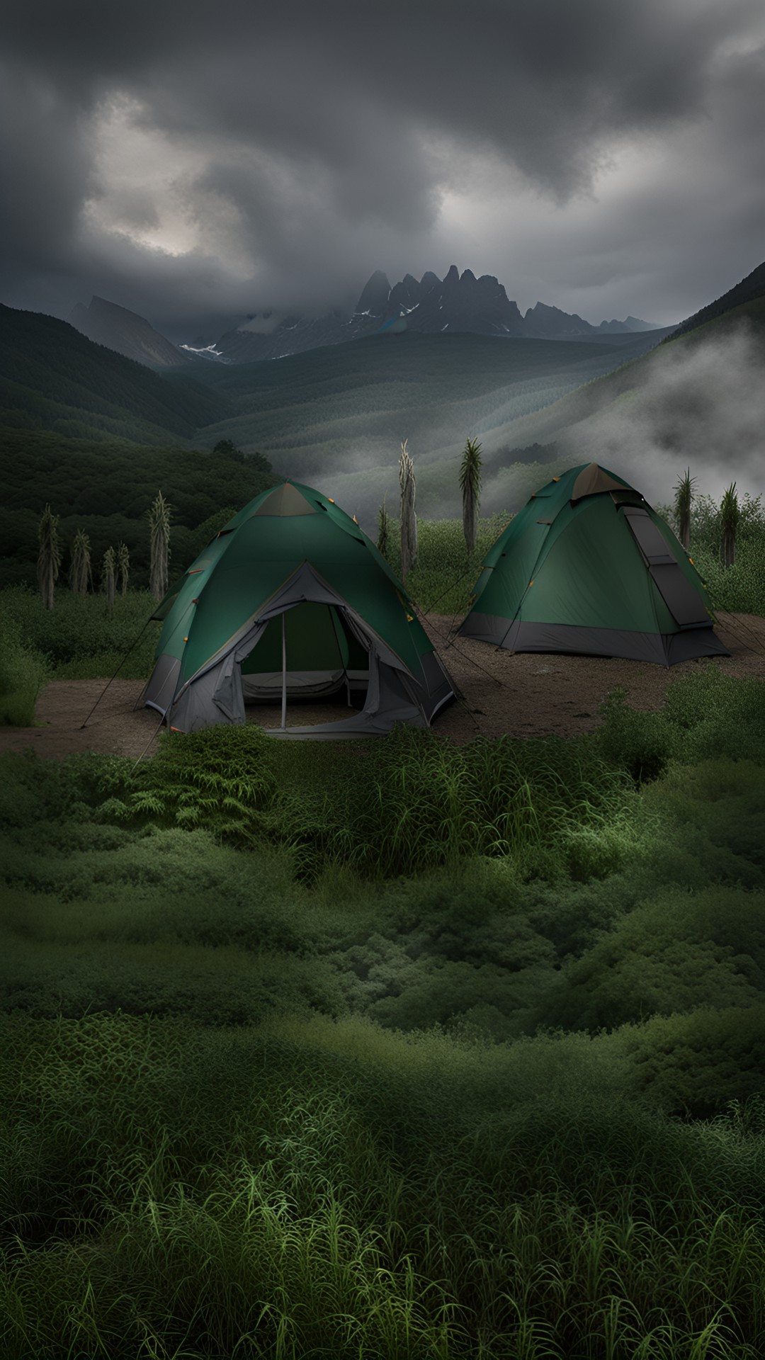 Rainy camping day - camp of corn with cloudy day - a camp of corn with a cloudy day. the corn is tall and  deep green, and the sky is grey. there are mountains at the distance preview