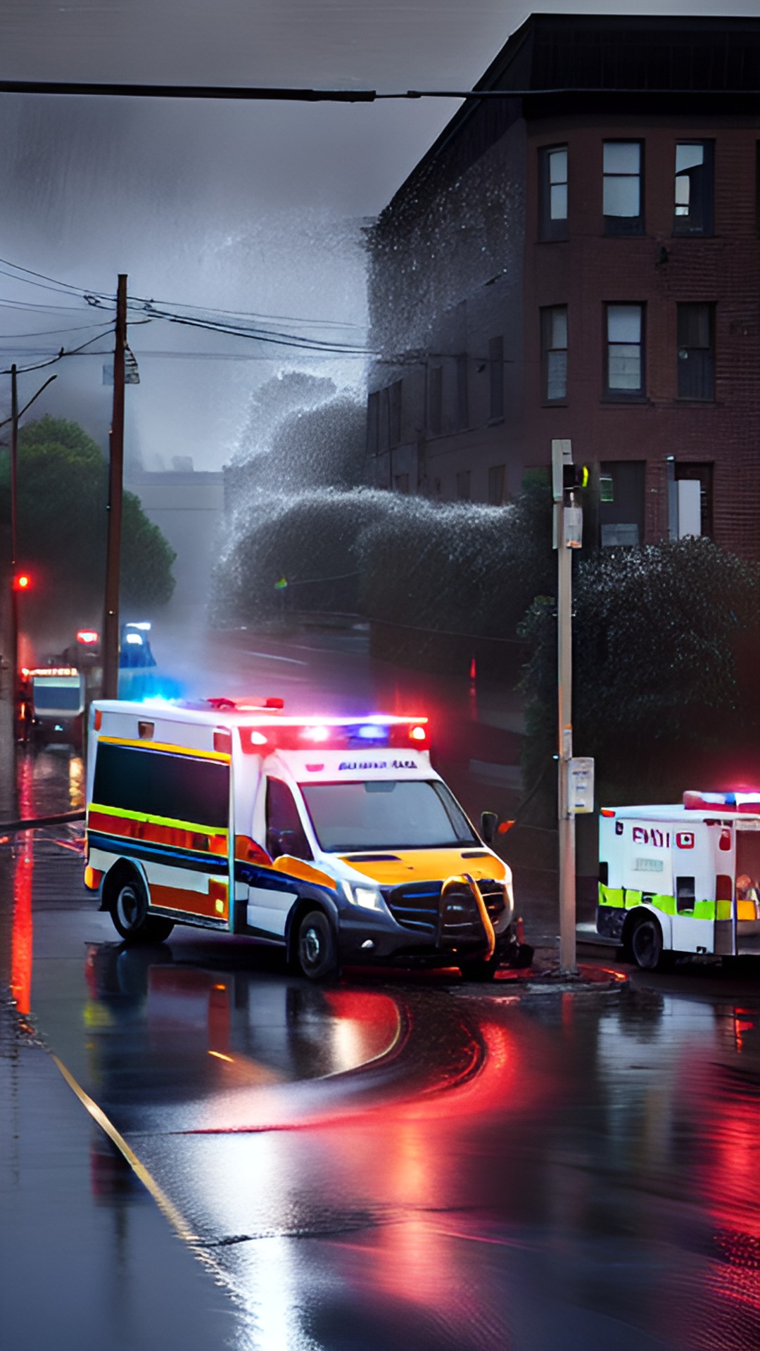 Crash - car crashed on rain-slicked street. police and ambulance are on the scene. preview