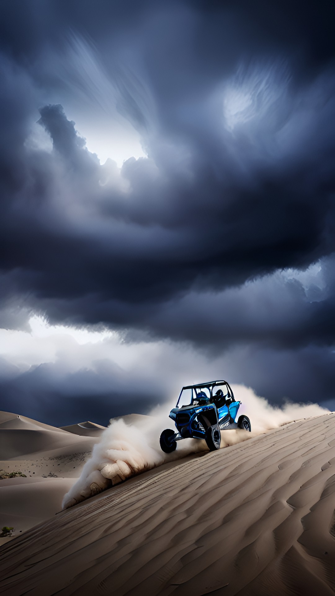 RZR - a rzr ondunes and stormy day - a rzr on the dunes on a stormy day. the rzr is blue and white with black trim. the stormy sky is dark and foreboding with rzr jumping on dunes preview