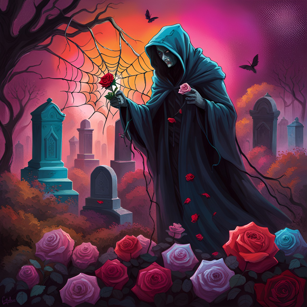 Lay Down the Rose - cloaked person in graveyard with spiderwebs with rose in hand preview