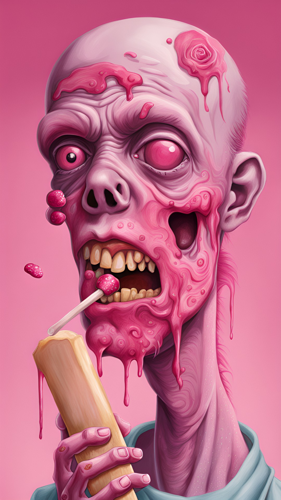 ZOMBIFY - whimsical, hyper realism, intricately detailed, odd, eerie, strange, zombie eating a detailed. real,  pink popcicle preview